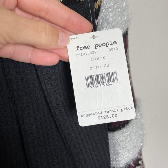 Free People Cozy Cottage Embroidered Sweater Size XS Black Balloon Sleeve New - Picture 12 of 13